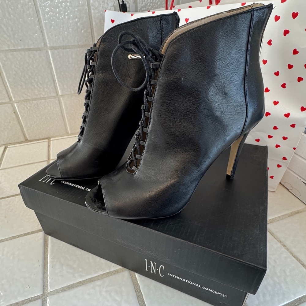 INC International Concepts Black Lace-Up Peep-Toe Stiletto Ankle Booties - Picture 7 of 7